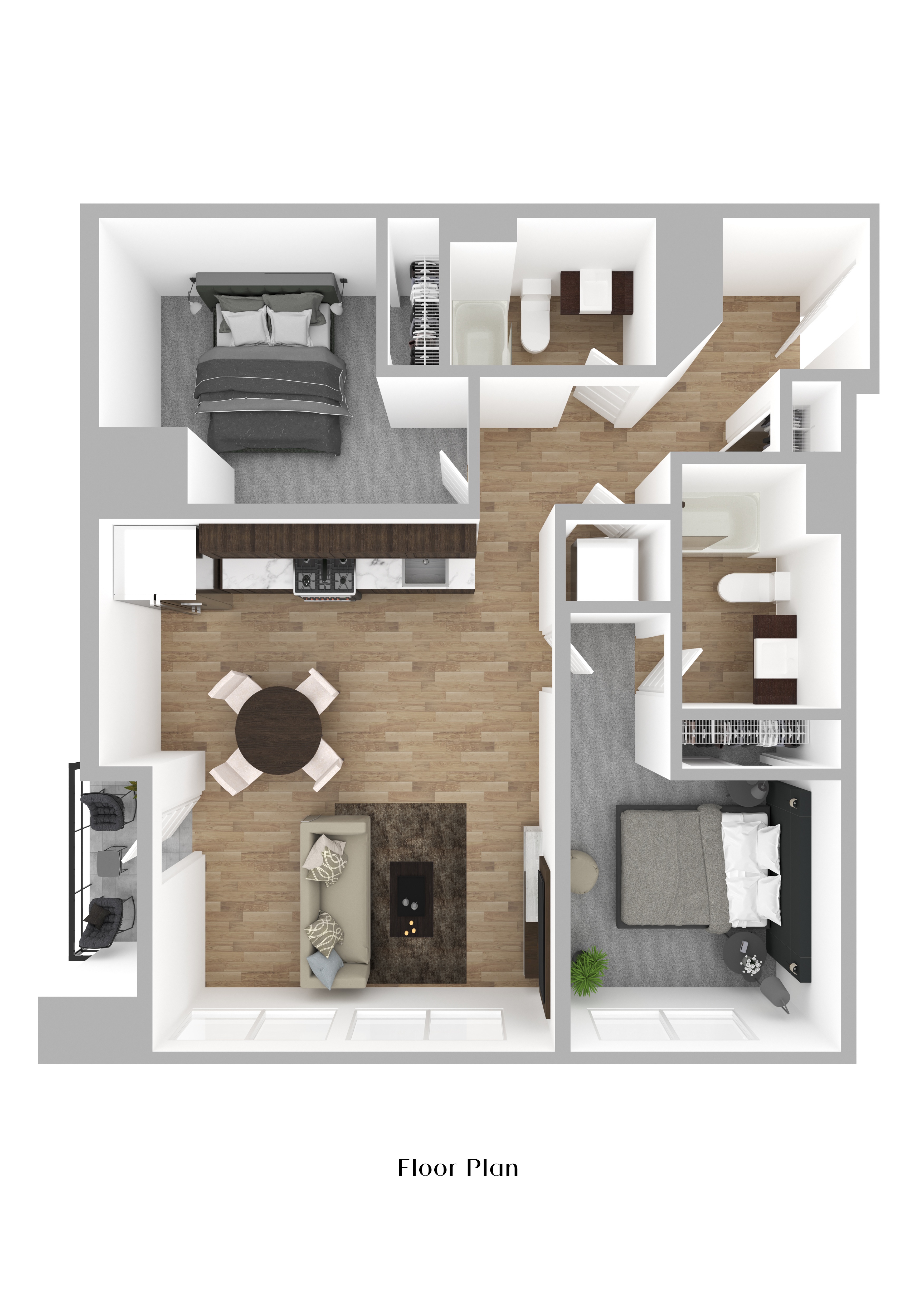 Floor plan for 2 beds, 2 baths, 1033 sqft